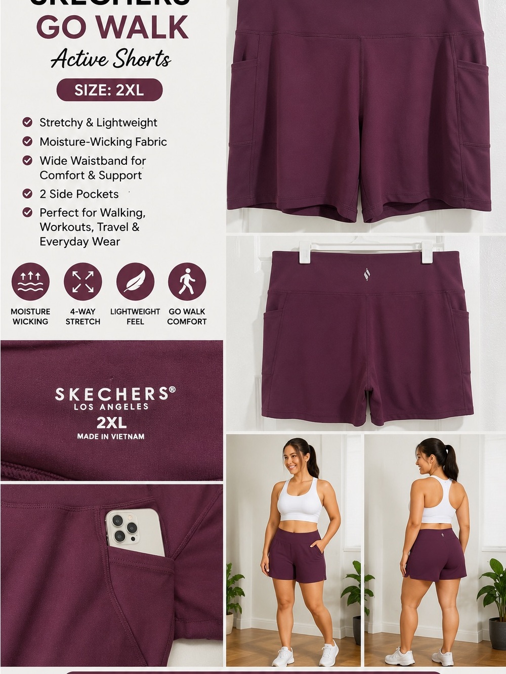 Skechers Women's Go Walk Active Shorts — Burgundy Plum